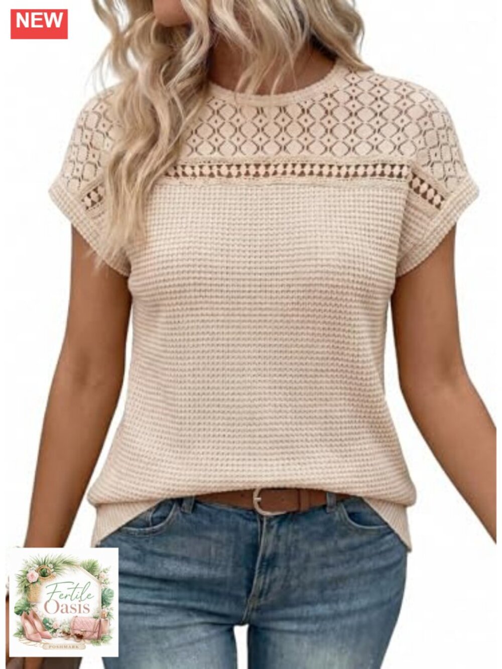 Women's Short Sleeve Waffle Knit Hollow Out Loose Tunic Top Blouse